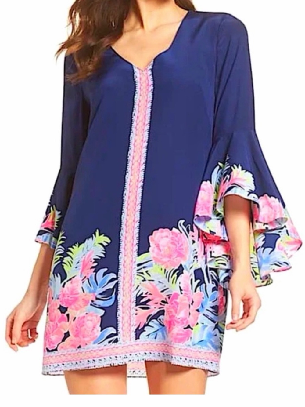 Lilly Pulitzer Womens Rosalia Silk Dress Size 4 Bell Sleeve Floral Navy Blue